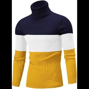 New Mens Turtleneck Thermal Lightweight Patterned Sweater Honey and Blue
